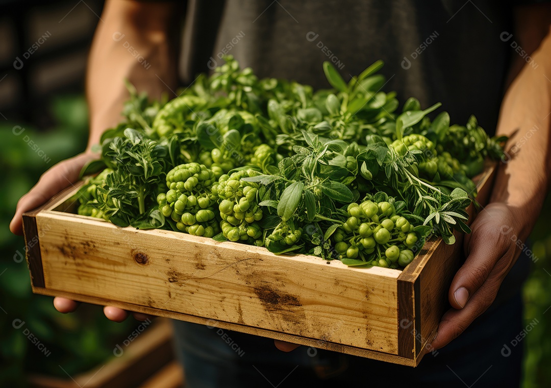 Mãos de pessoa segurando caixa de madeira com verduras