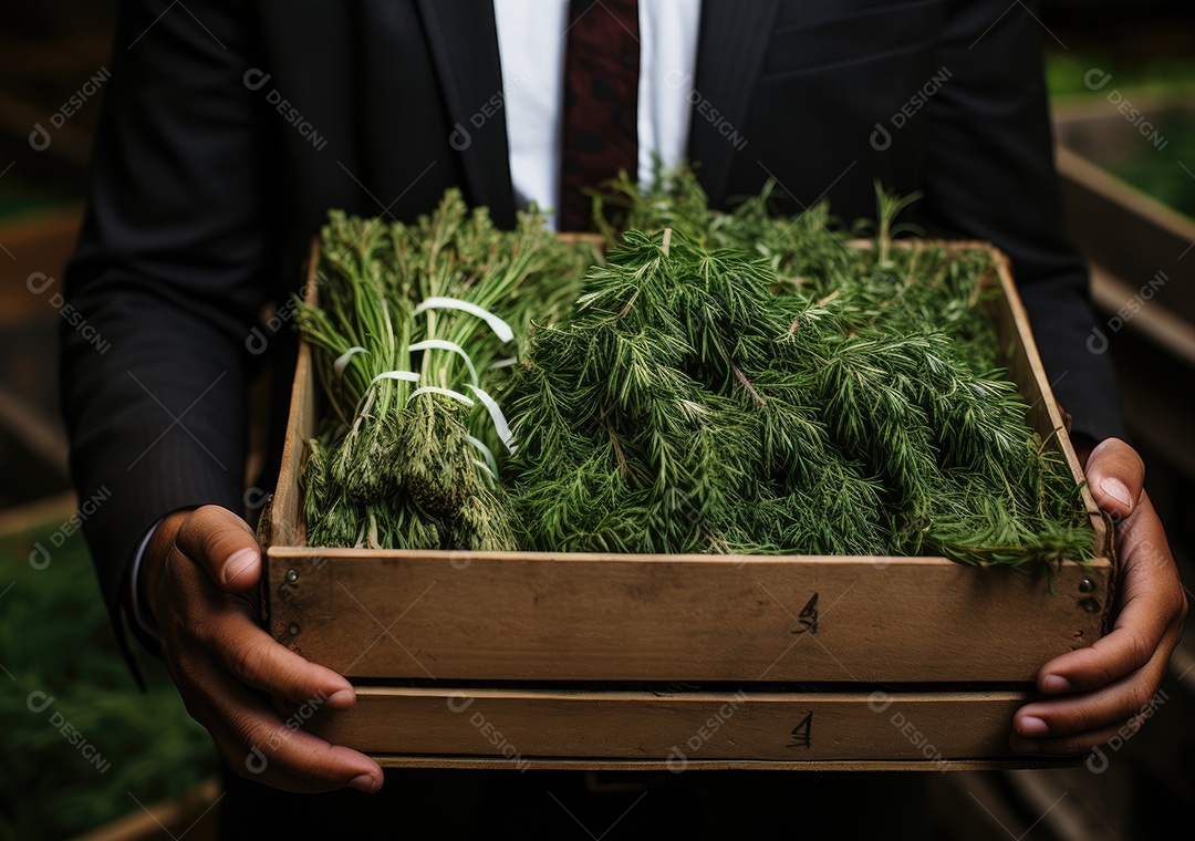 Mãos de pessoa segurando caixa de madeira com verduras