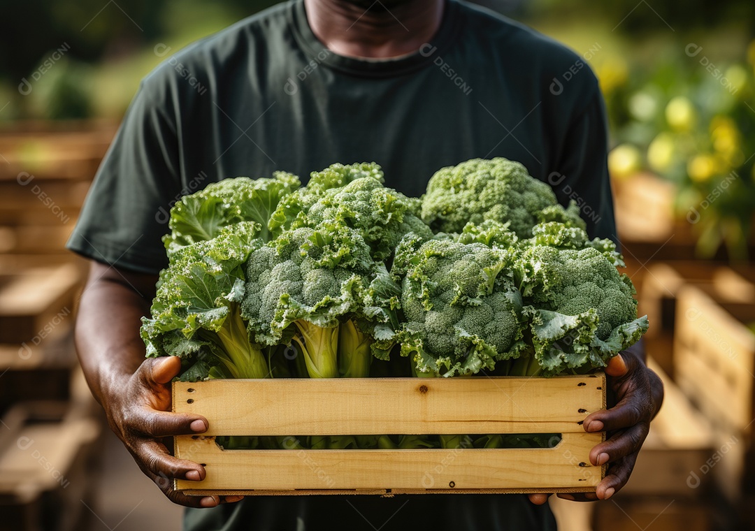 Mãos de pessoa segurando caixa de madeira com verduras