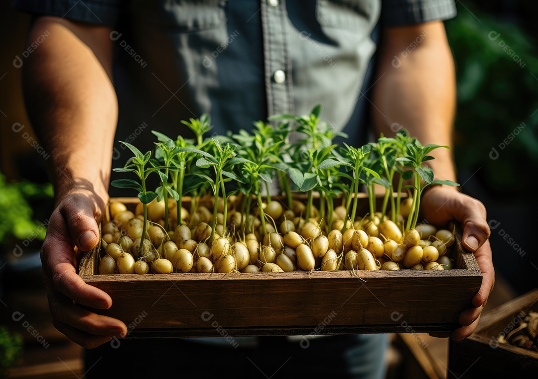 Mãos de pessoa segurando caixa de madeira com verduras