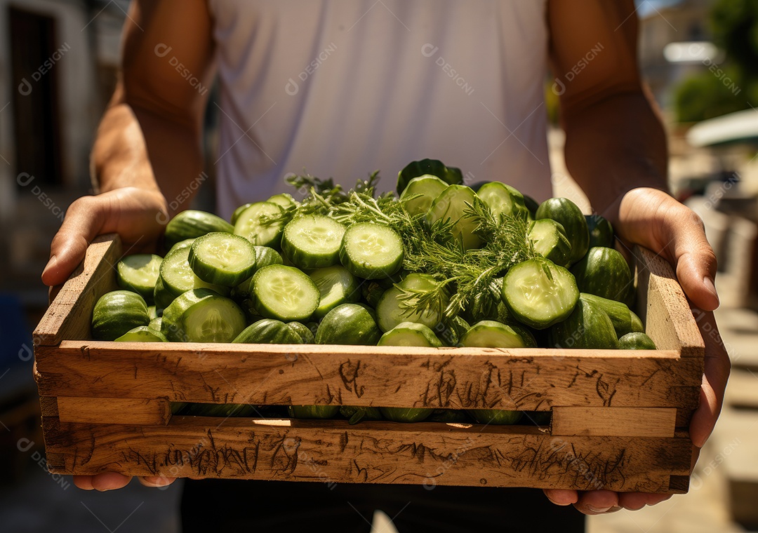 Mãos de pessoa segurando caixa de madeira com verduras