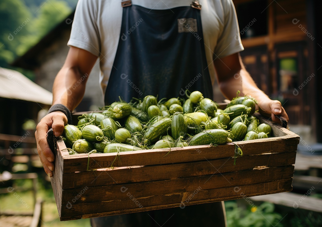 Mãos de pessoa segurando caixa de madeira com verduras