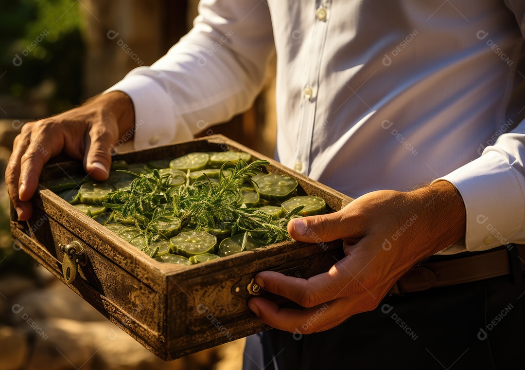 Mãos de pessoa segurando caixa de madeira com verduras