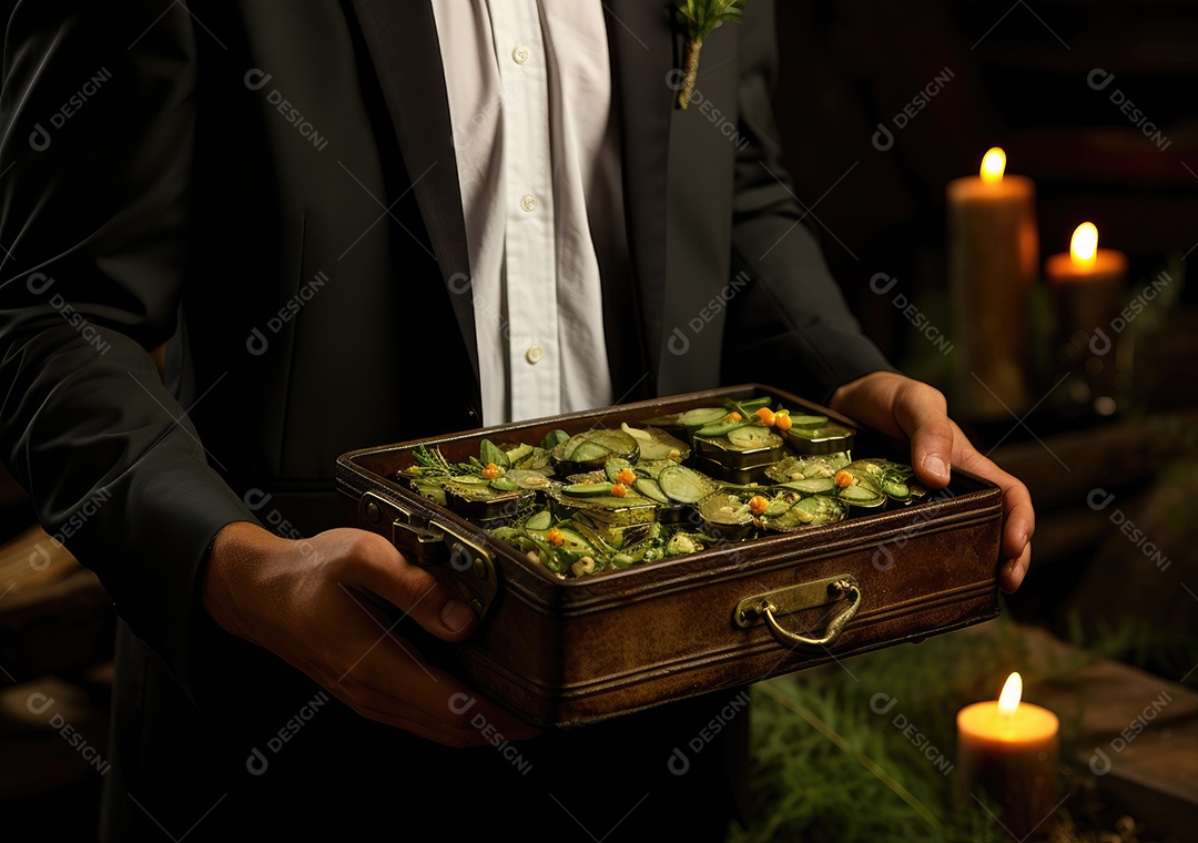 Mãos de pessoa segurando caixa de madeira com verduras