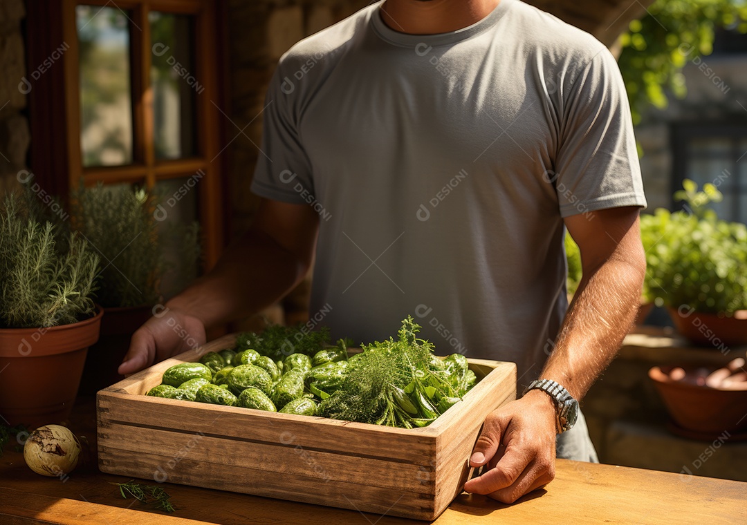 Mãos de pessoa segurando caixa de madeira com verduras