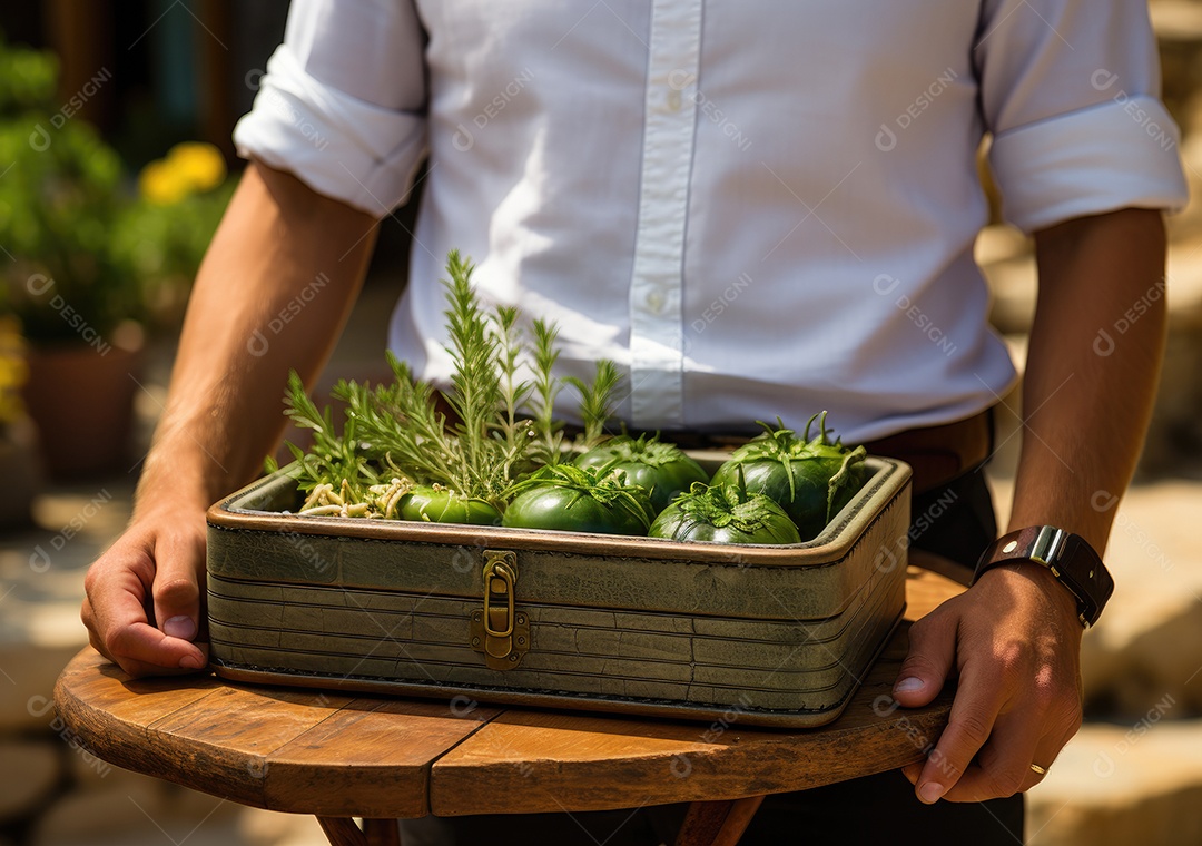 Mãos de pessoa segurando caixa de madeira com verduras