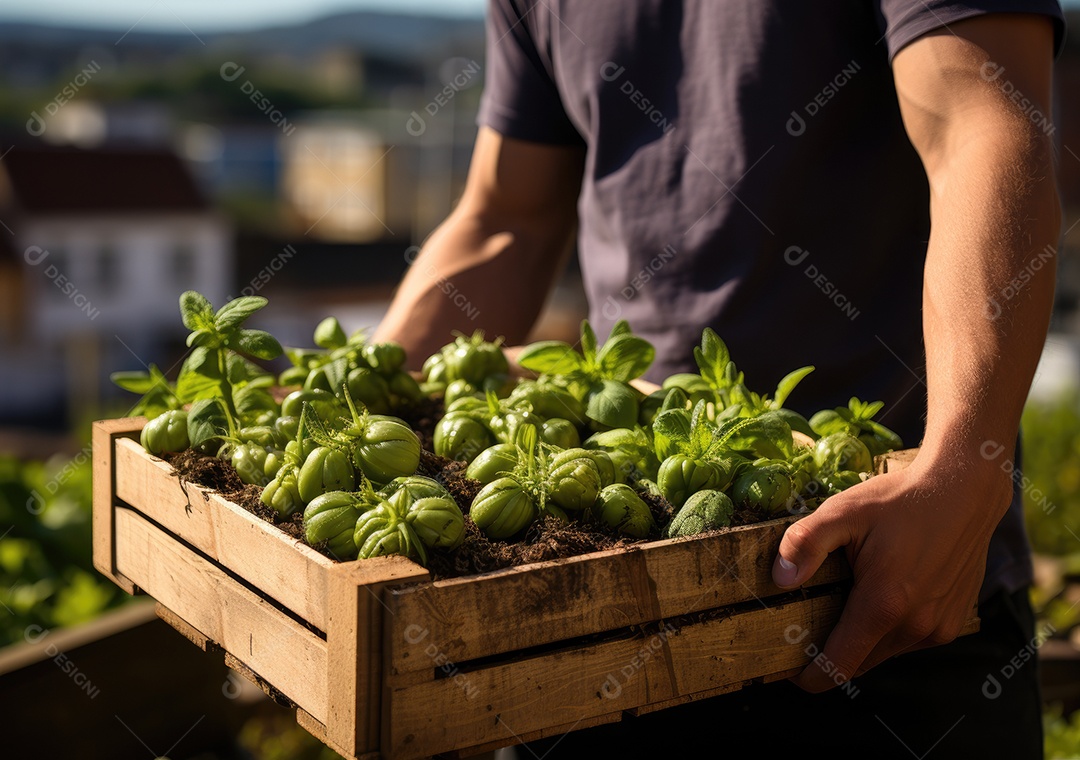 Mãos de pessoa segurando caixa de madeira com verduras