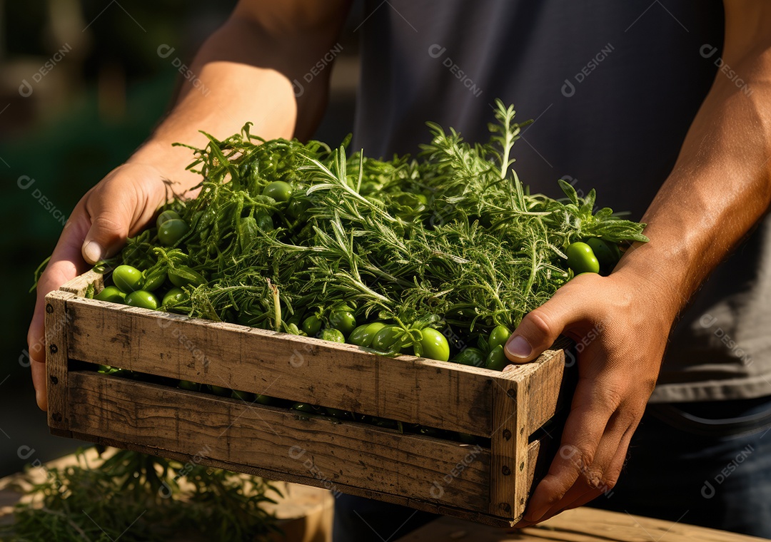 Mãos de pessoa segurando caixa de madeira com verduras