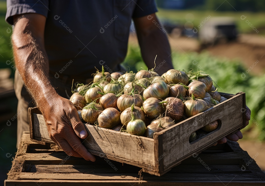 Mãos de pessoa segurando caixa de madeira com verduras