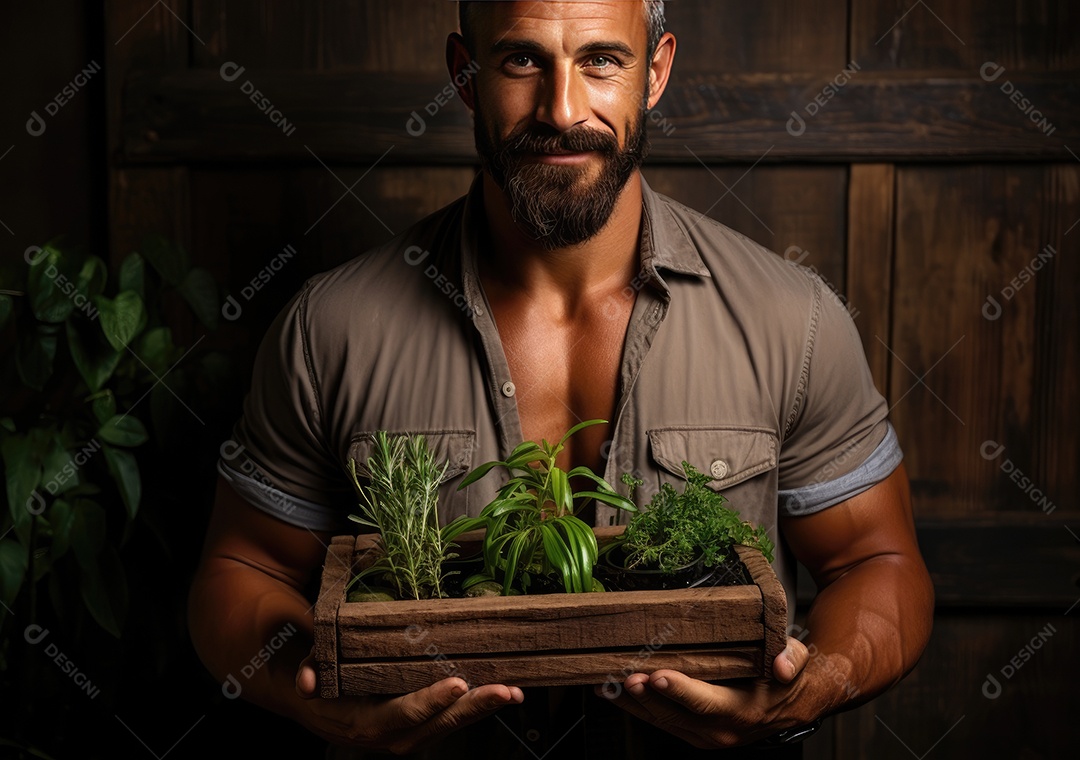 Mãos de pessoa segurando caixa de madeira com verduras