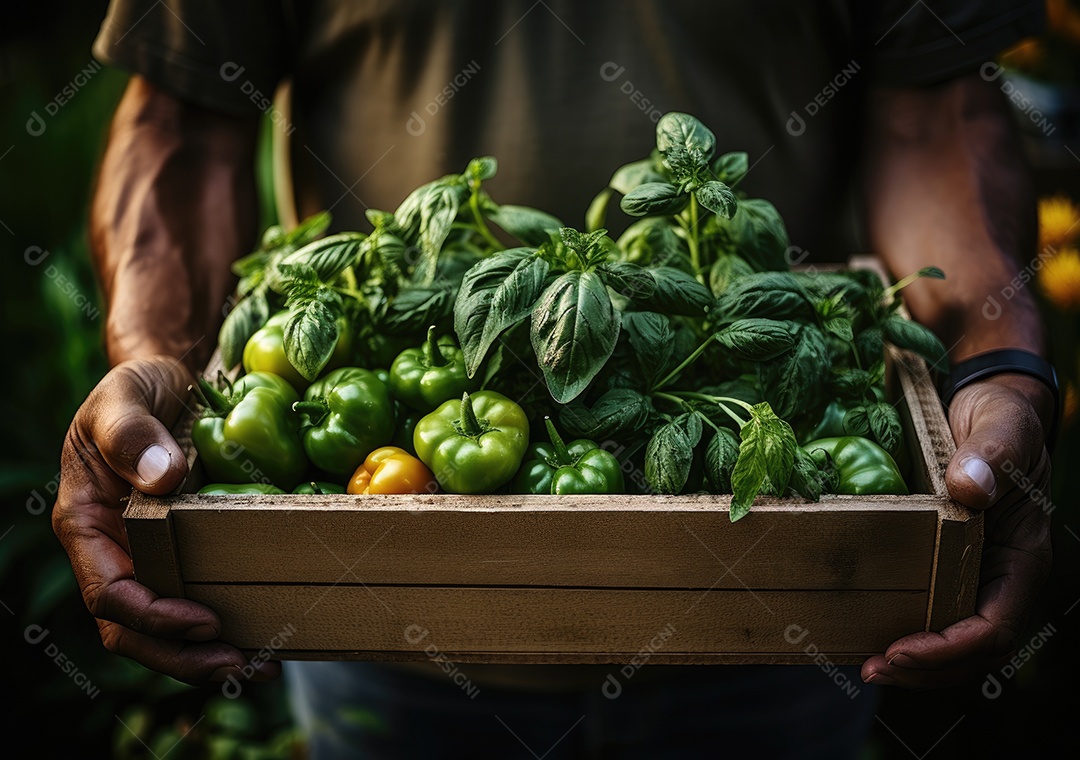 Mãos de pessoa segurando caixa de madeira com verduras