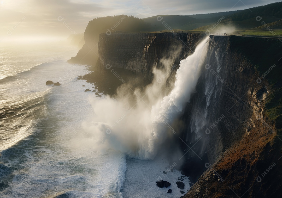 Vista aérea do litoral rochoso. Ondas batendo nas rochas. Vista aérea do mar, mar cinematográfico e vista para a montanha.