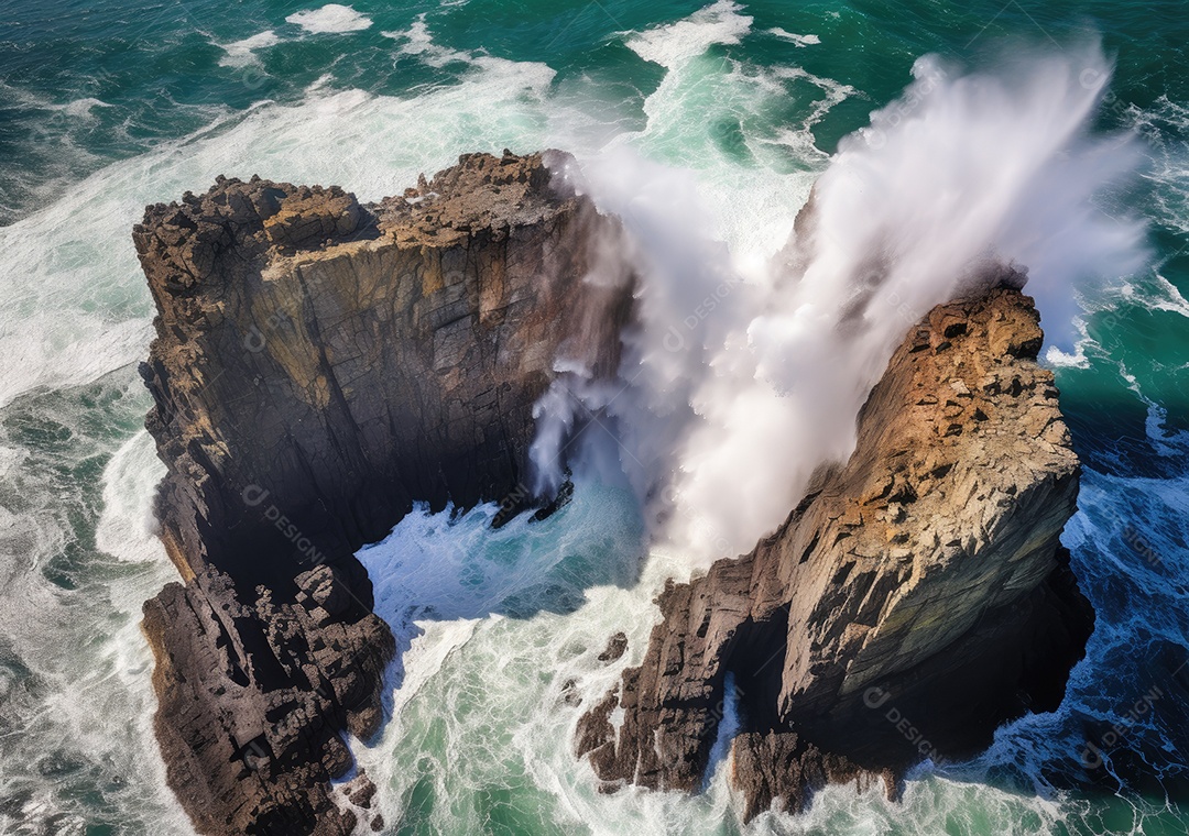 Vista aérea do litoral rochoso. Ondas batendo nas rochas. Vista aérea do mar, mar cinematográfico e vista para a montanha.
