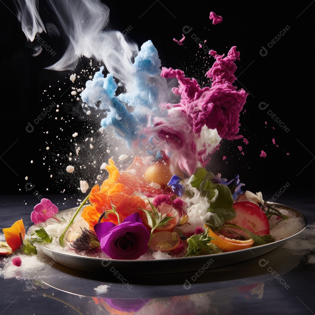 Comida e fumo com respingos, uma fantasia perfeita onde comida e arte se fundem perfeitamente.