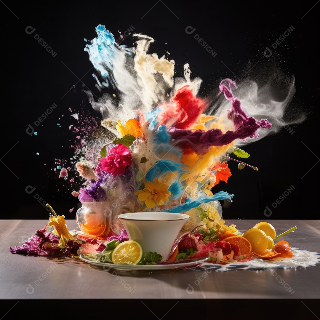 Comida e fumo com respingos, uma fantasia perfeita onde comida e arte se fundem perfeitamente.