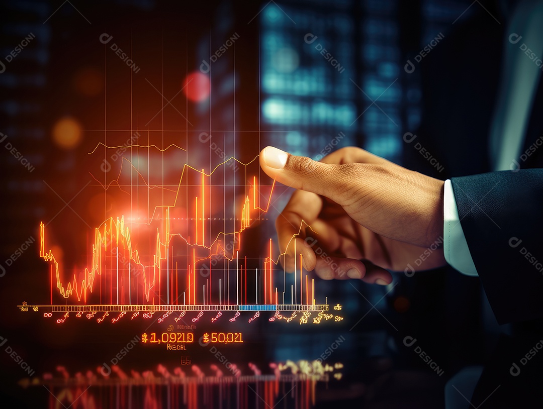 Mão do empresário apontando toque para traçar metas financeiras. barbatana