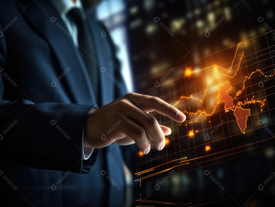 Mão do empresário apontando toque para traçar metas financeiras. barbatana