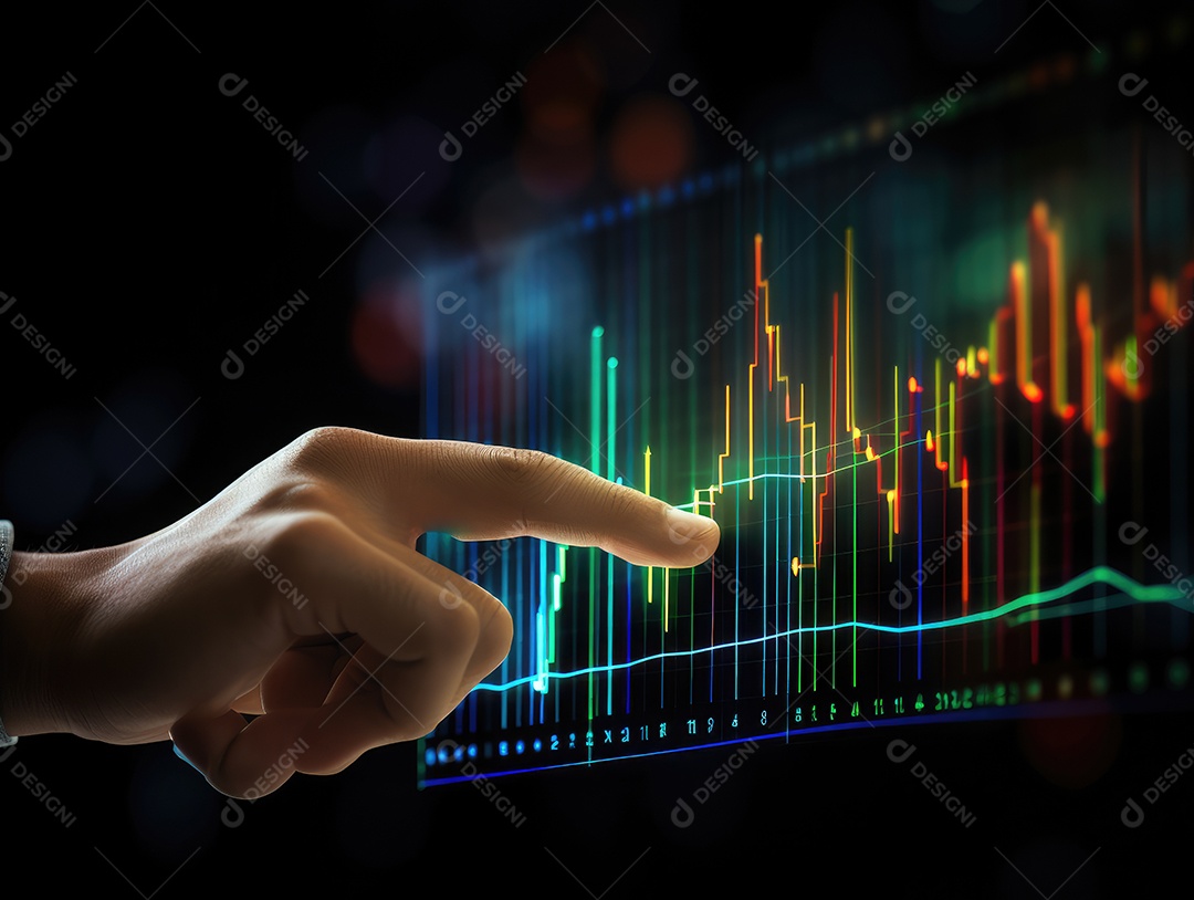 Mão do empresário apontando toque para traçar metas financeiras. barbatana