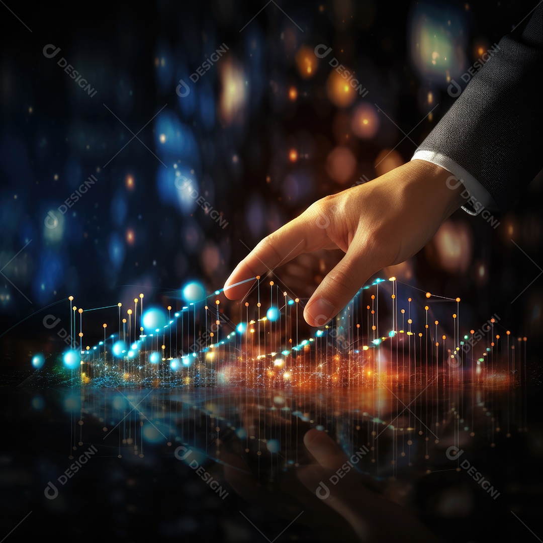 Mão do empresário apontando toque para traçar metas financeiras. barbatana