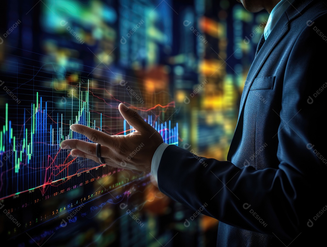 Mão do empresário apontando toque para traçar metas financeiras. barbatana