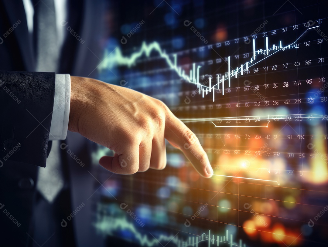 Mão do empresário apontando toque para traçar metas financeiras. barbatana