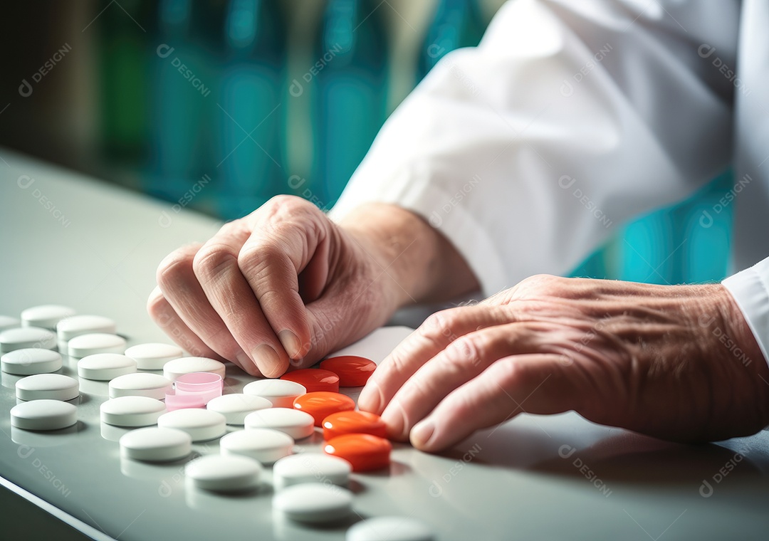 Médico colocando comprimidos em frascos para os pacientes. IA generativa.