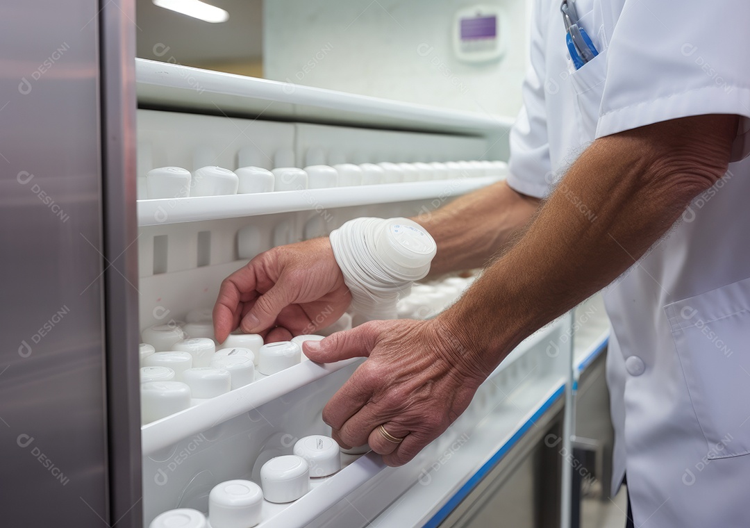 Médico colocando comprimidos em frascos para os pacientes. IA generativa.