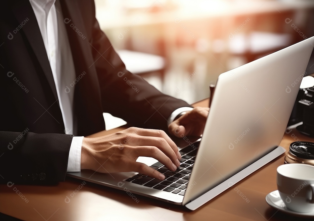 Mão do empresário usando laptop, sem porta café, refrigeração, conceito de tecnologia.