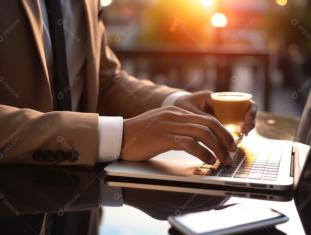 Mão do empresário usando laptop, sem porta café, refrigeração, conceito de tecnologia.