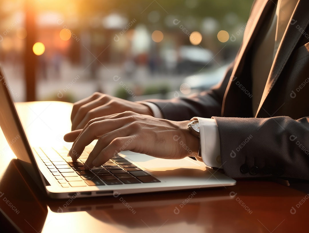 Mão do empresário usando laptop, sem porta café, refrigeração, conceito de tecnologia.