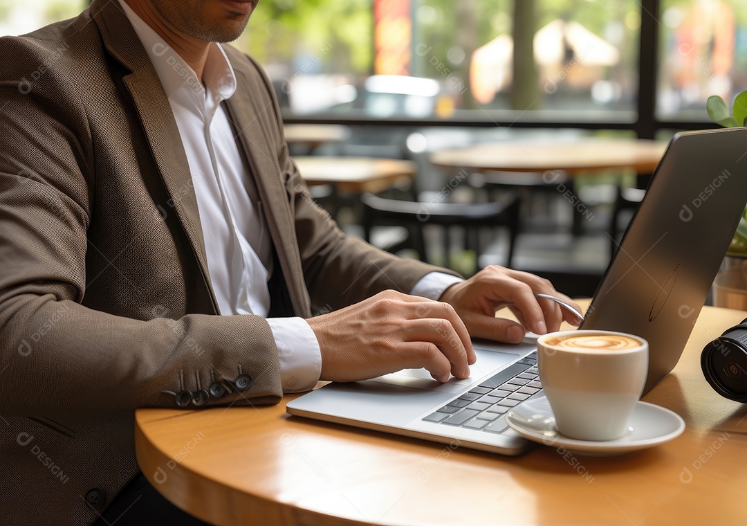 Mão do empresário usando laptop, sem porta café, refrigeração, conceito de tecnologia.