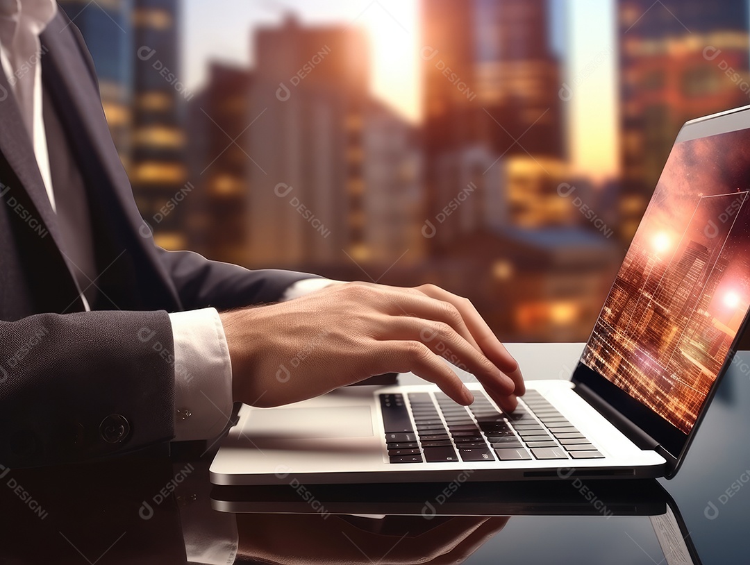 Mão do empresário usando laptop, sem porta café, refrigeração, conceito de tecnologia.