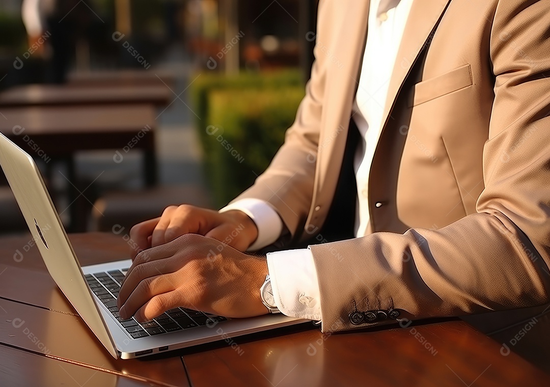 Mão do empresário usando laptop, sem porta café, refrigeração, conceito de tecnologia.