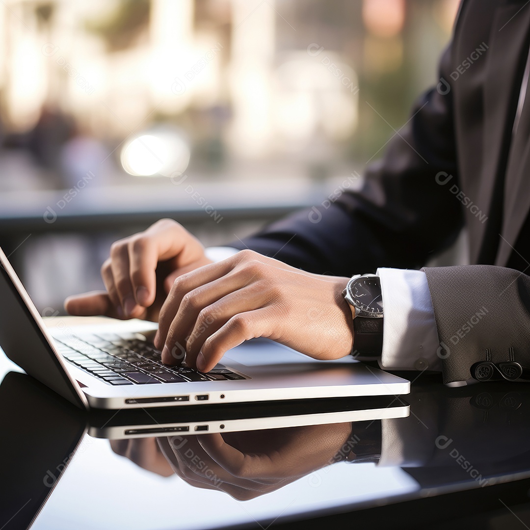 Mão do empresário usando laptop, sem porta café, refrigeração, conceito de tecnologia.