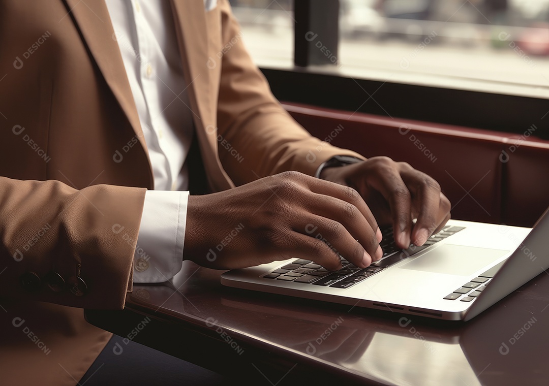Mão do empresário usando laptop, sem porta café, refrigeração, conceito de tecnologia.