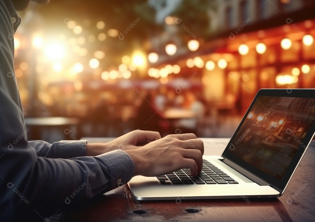 Mão do empresário usando laptop, sem porta café, refrigeração, conceito de tecnologia.