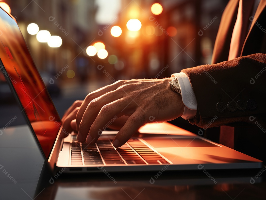 Mão do empresário usando laptop, sem porta café, refrigeração, conceito de tecnologia.