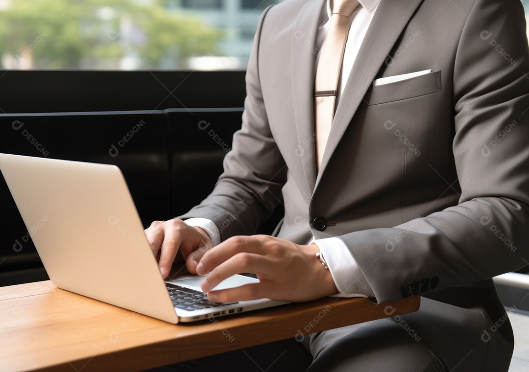 Mão do empresário usando laptop, sem porta café, refrigeração, conceito de tecnologia.