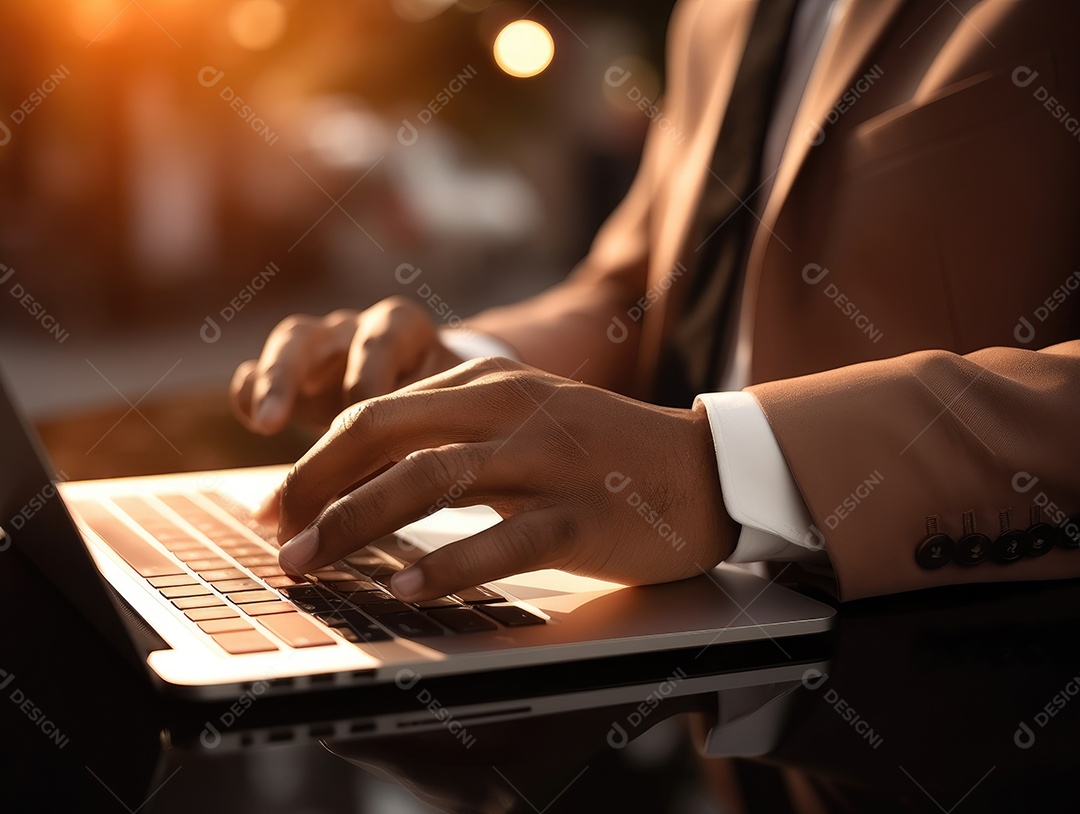 Mão do empresário usando laptop, sem porta café, refrigeração, conceito de tecnologia.