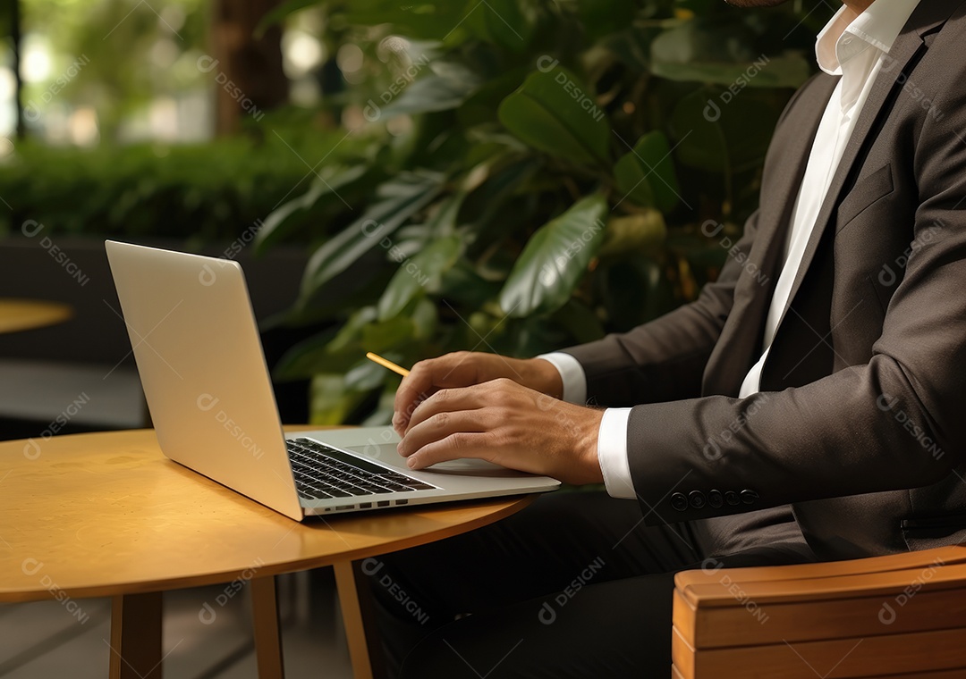 Mão do empresário usando laptop, sem porta café, refrigeração, conceito de tecnologia.