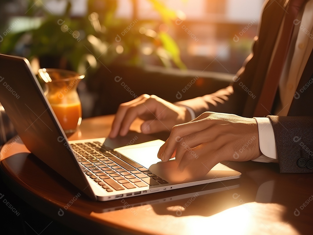 Mão do empresário usando laptop, sem porta café, refrigeração, conceito de tecnologia.