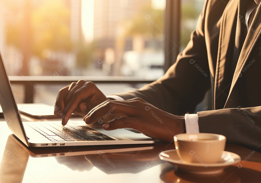 Mão do empresário usando laptop, sem porta café, refrigeração, conceito de tecnologia.