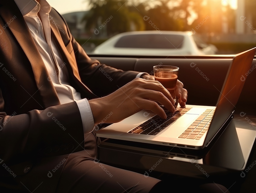 Mão do empresário usando laptop, sem porta café, refrigeração, conceito de tecnologia.