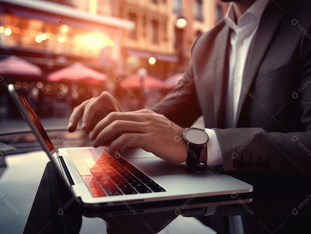 Mão do empresário usando laptop, sem porta café, refrigeração, conceito de tecnologia.