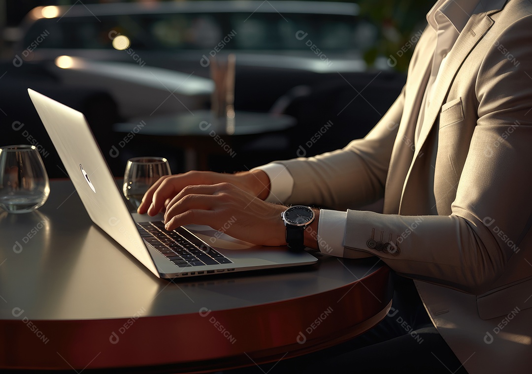 Mão do empresário usando laptop, sem porta café, refrigeração, conceito de tecnologia.