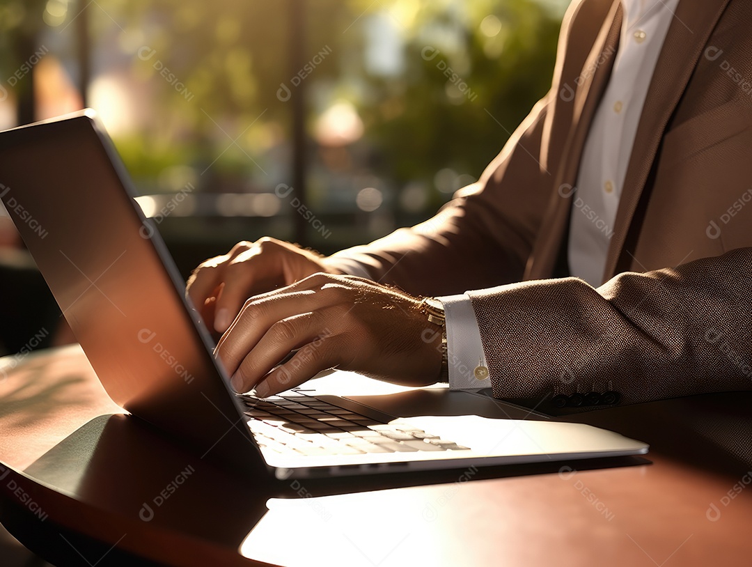 Mão do empresário usando laptop, sem porta café, refrigeração, conceito de tecnologia.