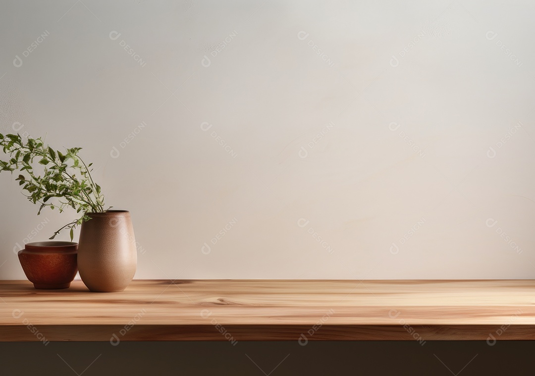 Maquete vazio em uma mesa de madeira contra plantas em uma panela, sala de estar de madeira mínima como pano de fundo.