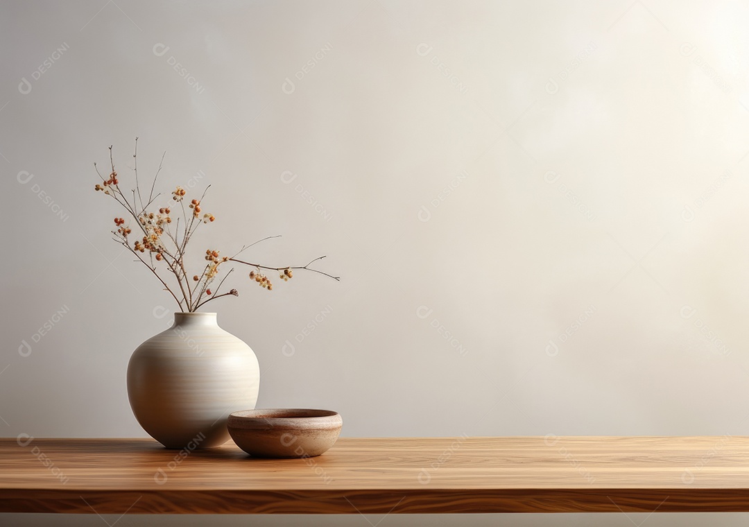 Maquete vazio em uma mesa de madeira contra plantas em uma panela, sala de estar de madeira mínima como pano de fundo.