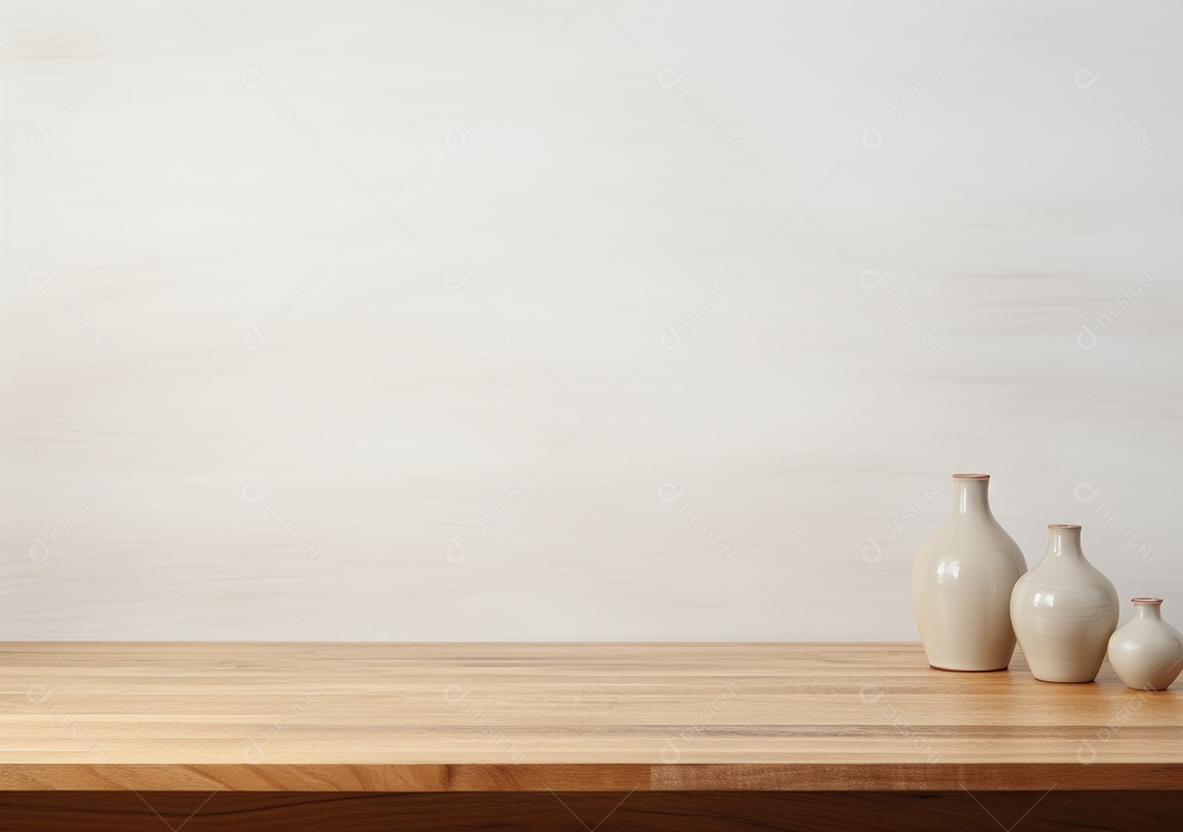 Maquete vazio em uma mesa de madeira contra plantas em uma panela, sala de estar de madeira mínima como pano de fundo.
