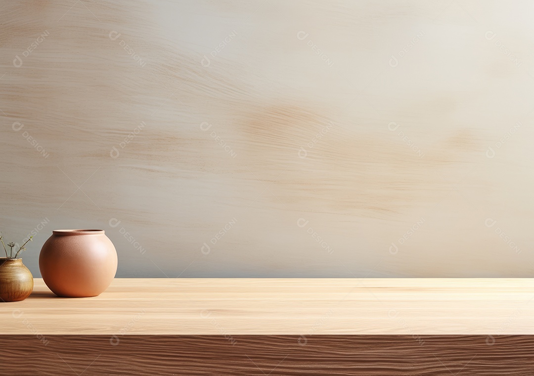 Maquete vazio em uma mesa de madeira contra plantas em uma panela, sala de estar de madeira mínima como pano de fundo.